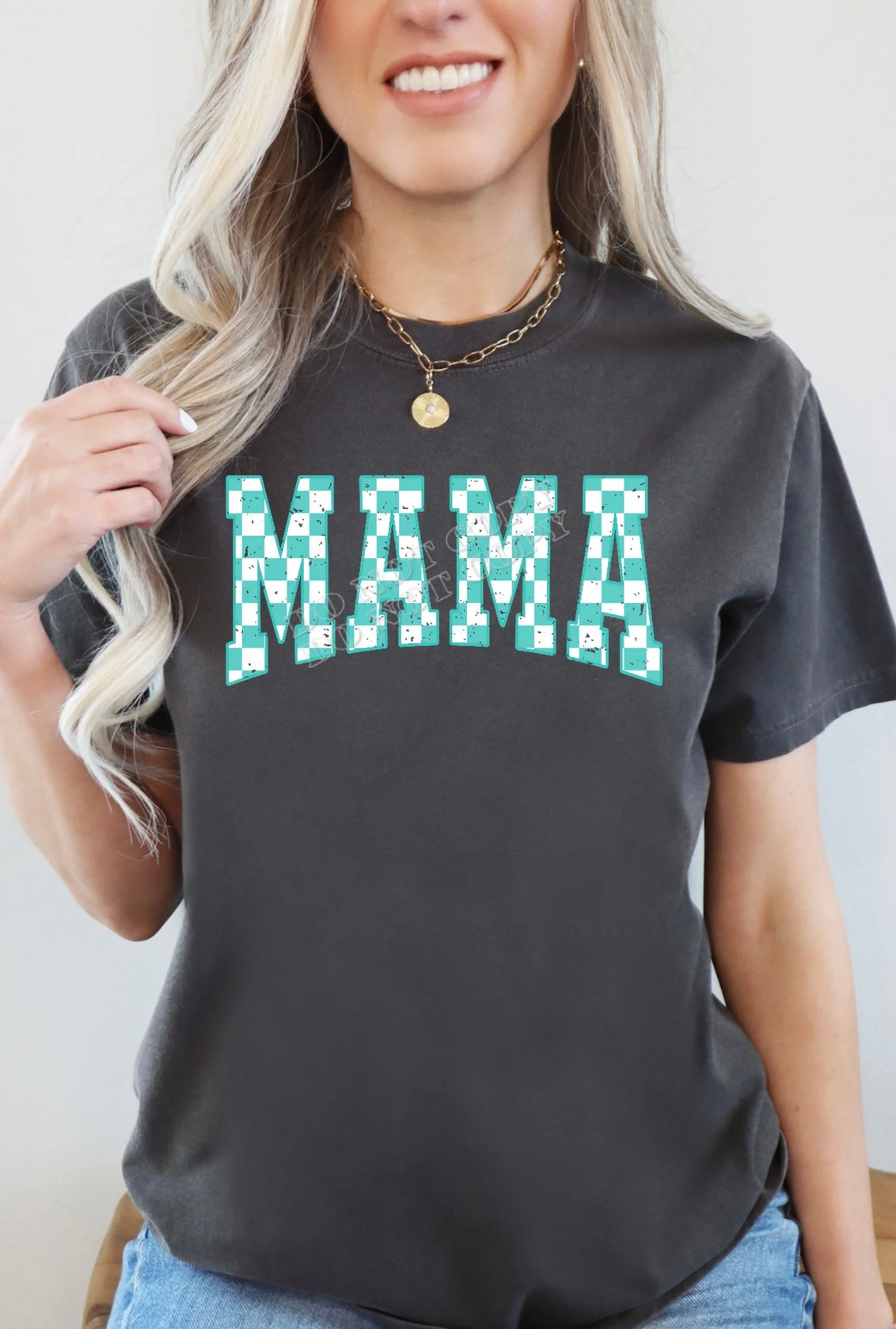 Mama checkered teal comfort colors