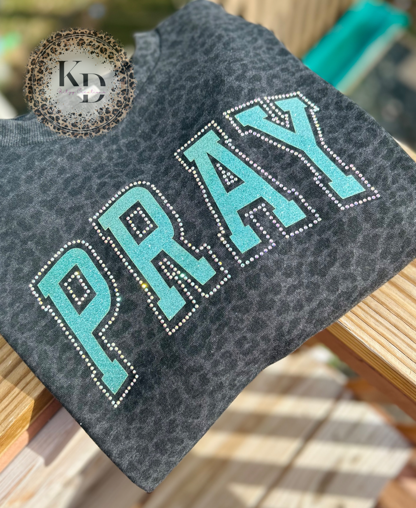 Pray **real glitter and rhinestone print**